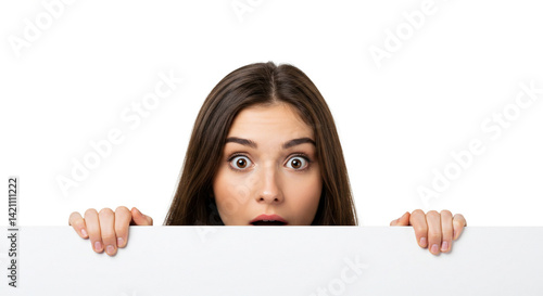 Banner sign woman peeking over edge