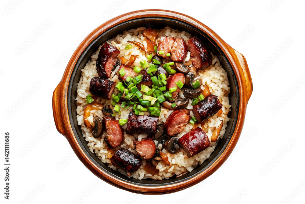 Clay pot rice topped with Chinese sausage slices, mushrooms, and scallions in rustic bowl isolated on white transparent background, concept of Asian cuisine Clay pot rice topped with Chinese sausage slices, mushrooms, and scallions in rustic bowl isolated on white transparent background, concept of Asian cuisine