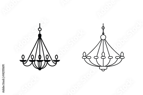 Two Chandelier Line Art Illustrations Isolated On White Background Lighting Fixtures