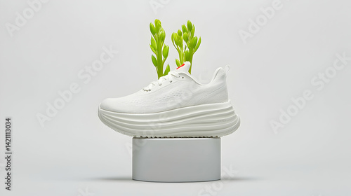 White Sneaker on Minimalist Display with Green Plant