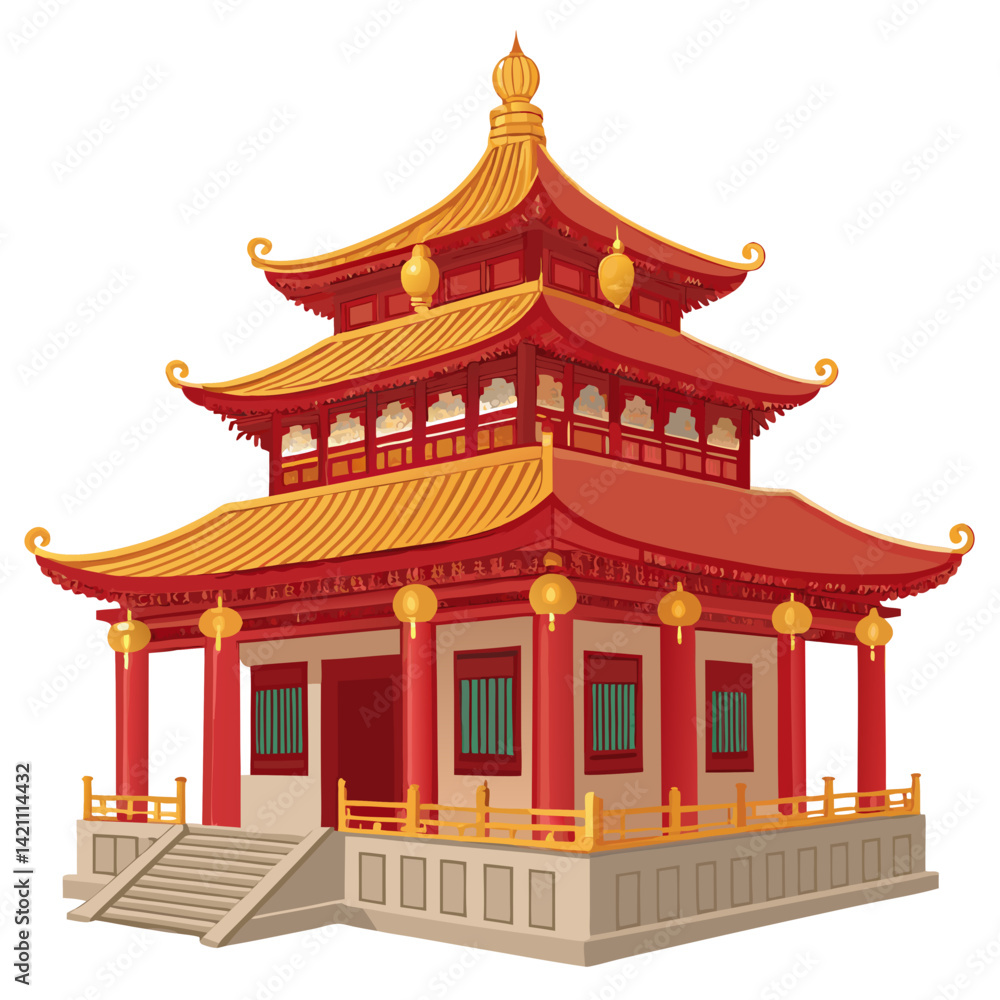 Naklejka premium Create a bold vector illustration of a Chinese-style Buddhist temple (vihar), emphasizing strong, thick outlines and vibrant colors.