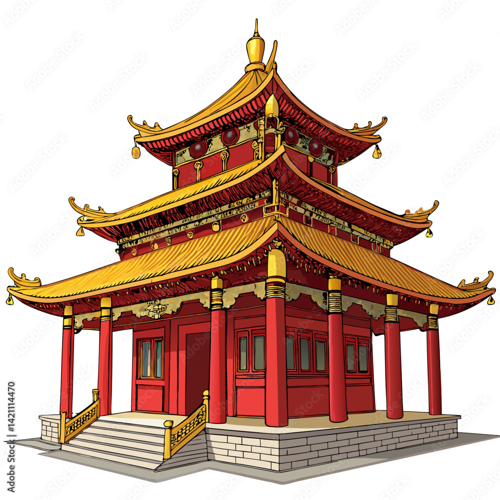 Fototapeta premium Create a bold vector illustration of a Chinese-style Buddhist temple (vihar), emphasizing strong outlines and rich detail.