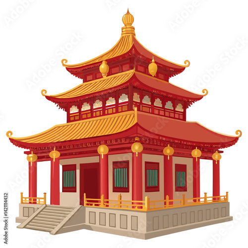 Create a bold vector illustration of a Chinese-style Buddhist temple (vihar), emphasizing strong, thick outlines and vibrant colors.