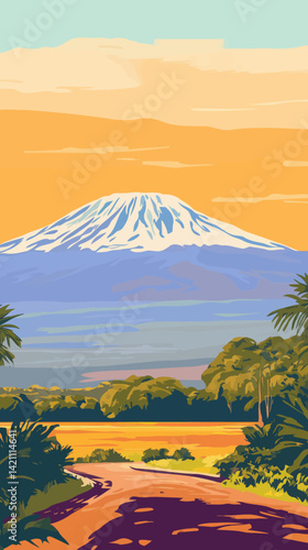 Retro Kilimanjaro Travel Poster: Vintage African Landscape Vector Illustration for Exotic Summer