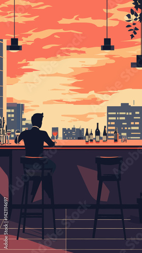 Sophisticated Rooftop Bar Evening with Urban Skyline in Minimalist Vector Style