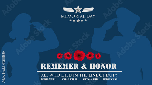 Memorial Day 2025 silhouette illustration with poppy tribute and bold typography to commemorate American fallen soldiers.  Remember and honor background. 