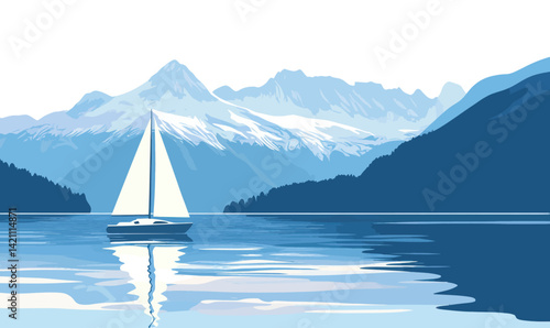 Minimalist Sailing on Lake Geneva with Swiss Alps in Flat Vector Design