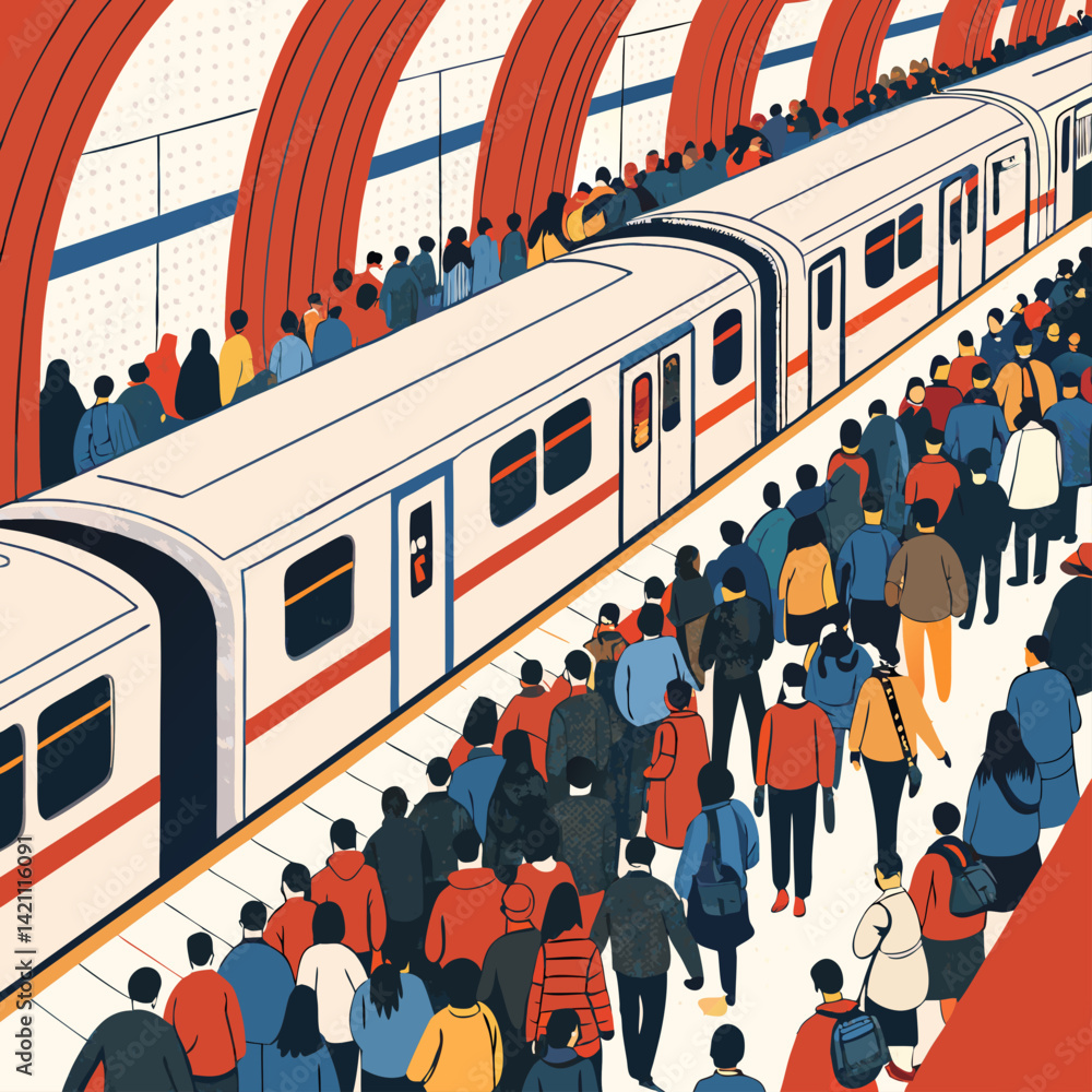 Obraz premium Create a bold, vector illustration of a bustling subway station platform, emphasizing the dense crowd and architectural details.