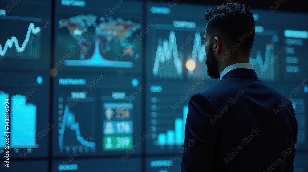 Strategic business insights professional in business suit analyzing data trends in modern office environment Strategic business insights professional in business suit analyzing data trends in modern office environment