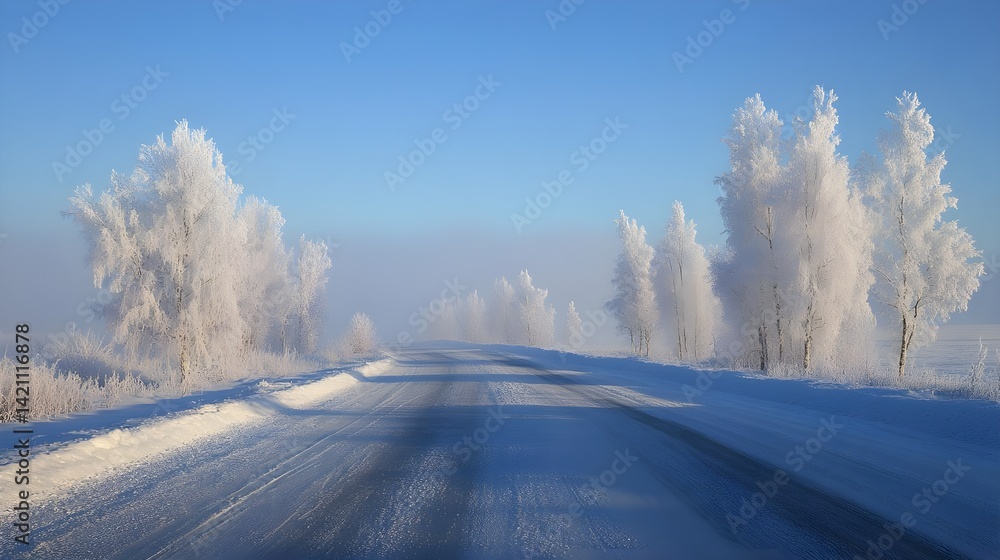 Fototapeta premium Serene Winter Road Surrounded by Frost-Covered Trees in Blissful Silence