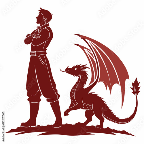 Create a bold vector illustration of a dragon tamer, powerfully silhouetted, holding a staff, with a single, majestic dragon.  Focus on strong lines and dramatic contrast.