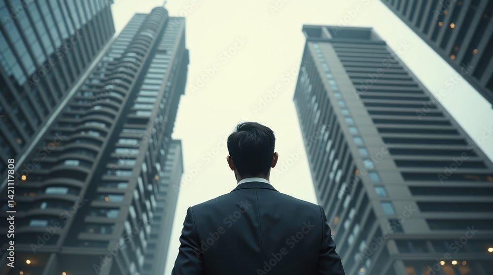 Business suit professional gazing at modern skyscrapers in urban landscape capturing ambition and success Business suit professional gazing at modern skyscrapers in urban landscape capturing ambition and success