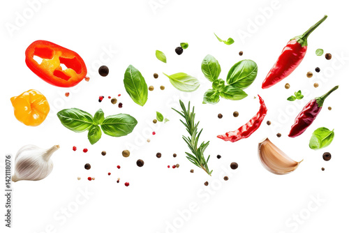 Fototapeta Naklejka Na Ścianę i Meble -  Falling spices and herbs with garlic and rosemary floating mid air on a clean white background