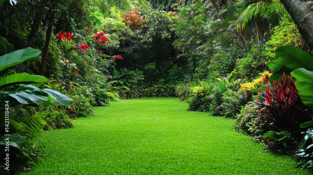 Obraz premium Lush tropical garden path lined with vibrant foliage.