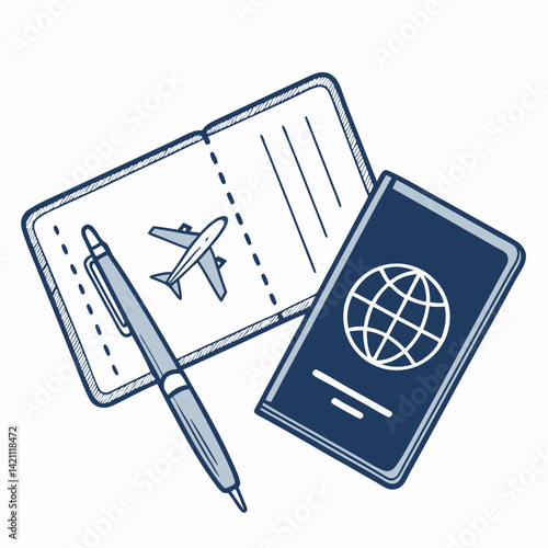 Create a bold, vector illustration of an airplane ticket featuring a prominent, stylized airplane icon.  Include a perforated edge design.