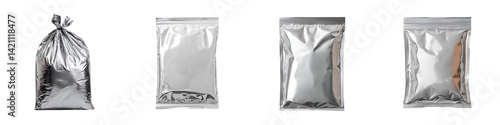 Assorted metallic foil and plastic packaging bags. long_title:A variety of silver metallic and transparent plastic packaging pouches, bags, and sacks
