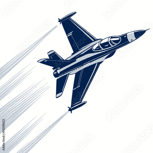 Create a bold vector illustration of a jet fighter performing a high-speed maneuver, emphasizing strong lines and impactful composition.