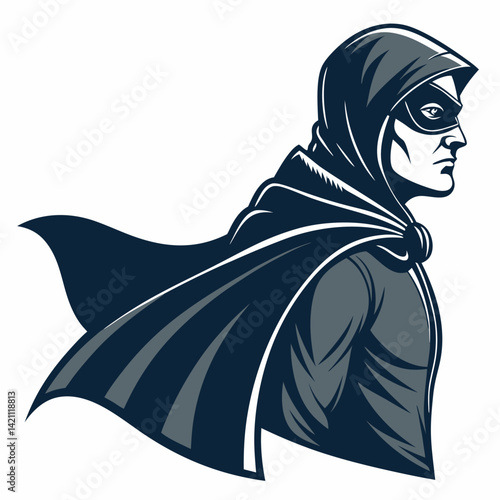 Design a bold, vector illustration of a masked vigilante, emphasizing strong lines and dark colors.  Include intricate detailing on the mask and costume.