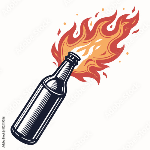 Create a bold, vector illustration of a Molotov cocktail with thick black outlines, emphasizing its dangerous and explosive nature.  Include detailed texture and shading.