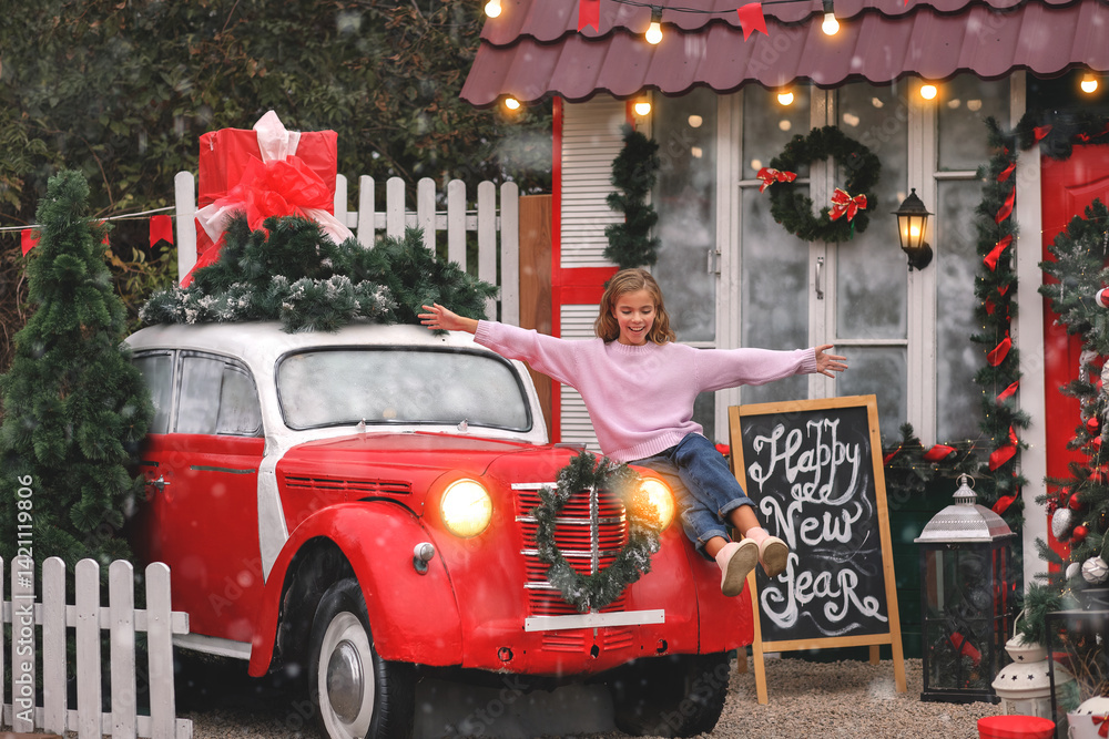 Fototapeta premium Girl near red retro car near Christmas tree
