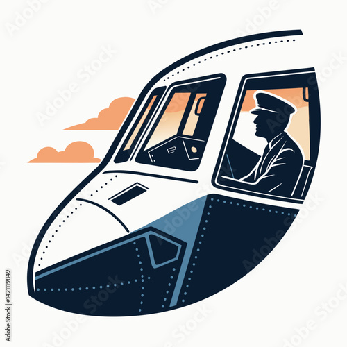 Create a bold, vector illustration of an airplane cockpit, emphasizing strong, defined lines and shapes.  Include detailed instrument panels.