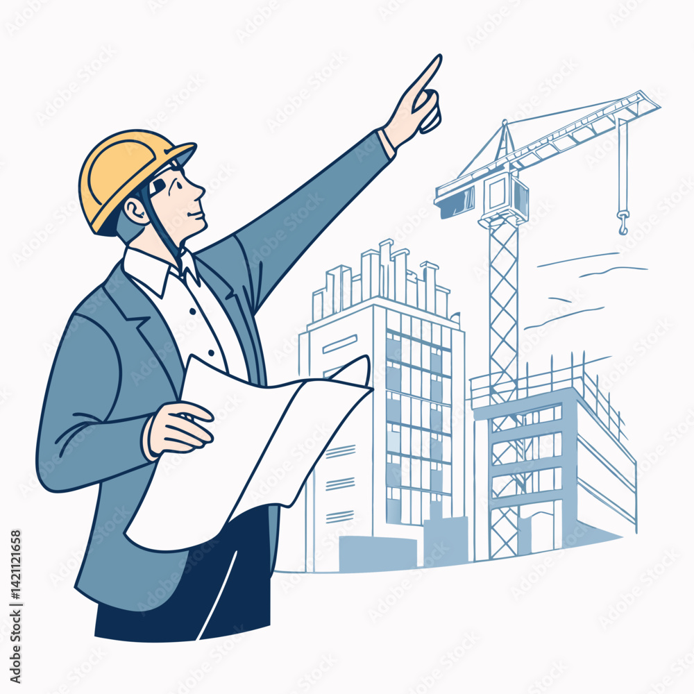 Create a bold, vector illustration of an architect confidently holding blueprints, emphasizing strong lines and a vibrant blue color scheme. Create a bold, vector illustration of an architect confidently holding blueprints, emphasizing strong lines and a vibrant blue color scheme.