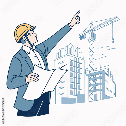 Photos Create a bold, vector illustration of an architect confidently holding blueprints, emphasizing strong lines and a vibrant blue color scheme