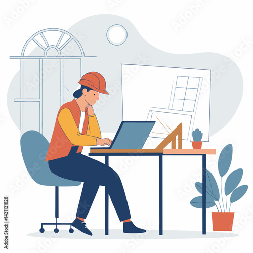 Create a bold vector illustration of an architect thoughtfully sitting, showcasing detailed clothing and a powerful, confident pose.