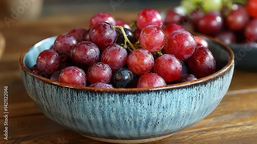 Fresh red grapes in a textured bowl on wooden table. Possible use Food photography, healthy eating, fruit bowl