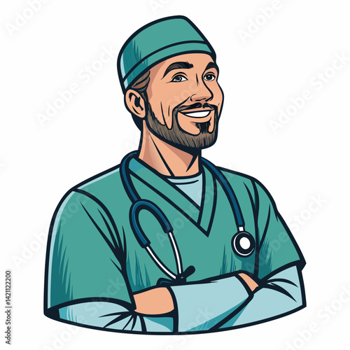 Create a bold, vector illustration of a smiling doctor in a uniform, exhibiting a friendly and approachable demeanor.