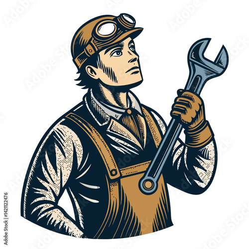 Create a vector illustration of a bold, steampunk inventor with intricate gears and gadgets, showcasing Victorian-era clothing and tools.