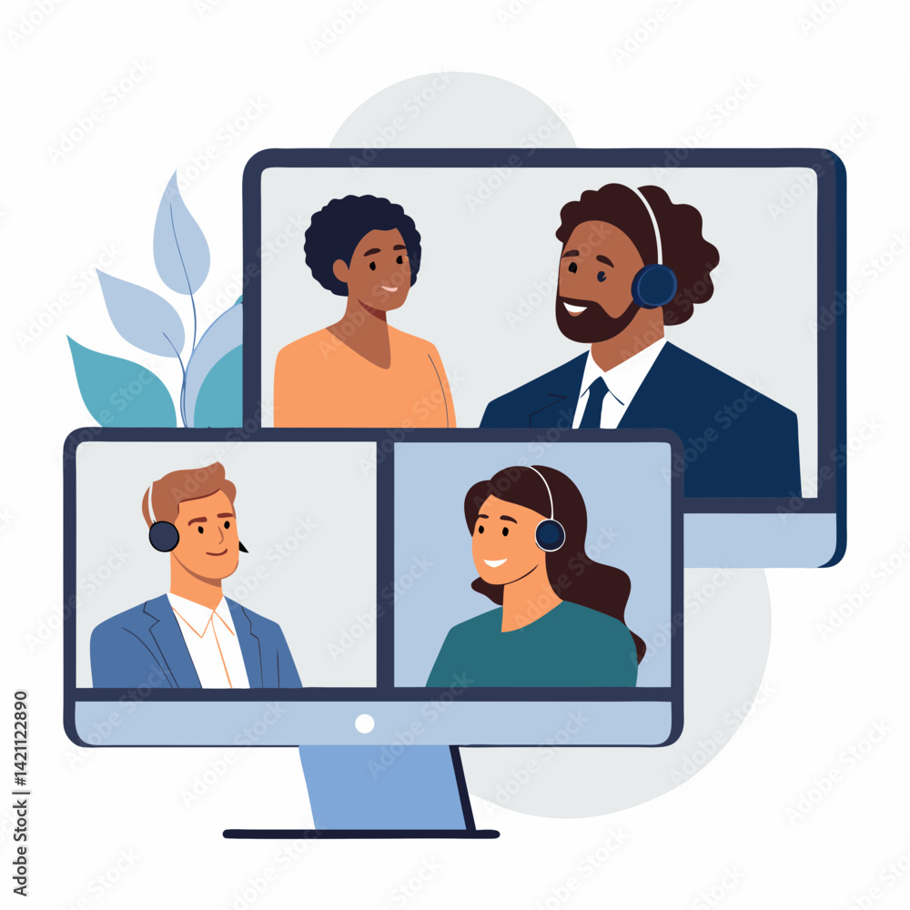 Create a bold vector illustration of a diverse team engaged in a lively video conference, emphasizing strong outlines and vibrant colors. Create a bold vector illustration of a diverse team engaged in a lively video conference, emphasizing strong outlines and vibrant colors.
