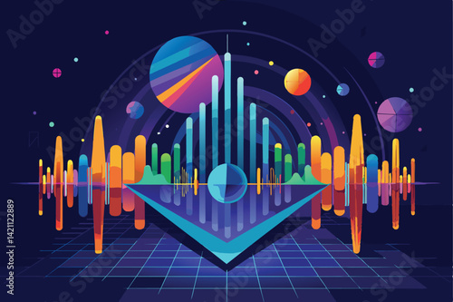 Vibrant digital artwork featuring abstract sound waves and colorful geometric planets against a cosmic background. Represents technology, music, and the universe.