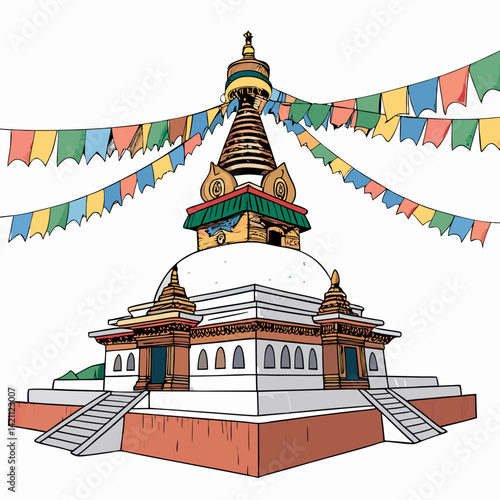 Create a bold, vector illustration of a Tibetan Vihara, emphasizing strong lines and rich detail. Include intricate roofline and prayer flags.
