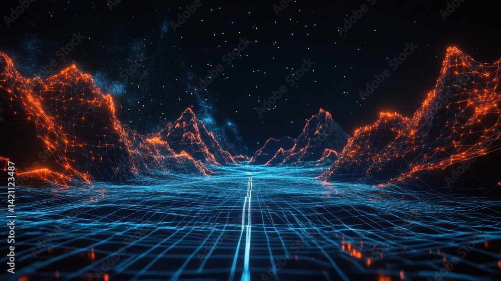 Abstract digital landscape with mountains and a grid. Futuristic technology background with glowing lines and stars. Abstract digital landscape with mountains and a grid. Futuristic technology background with glowing lines and stars.