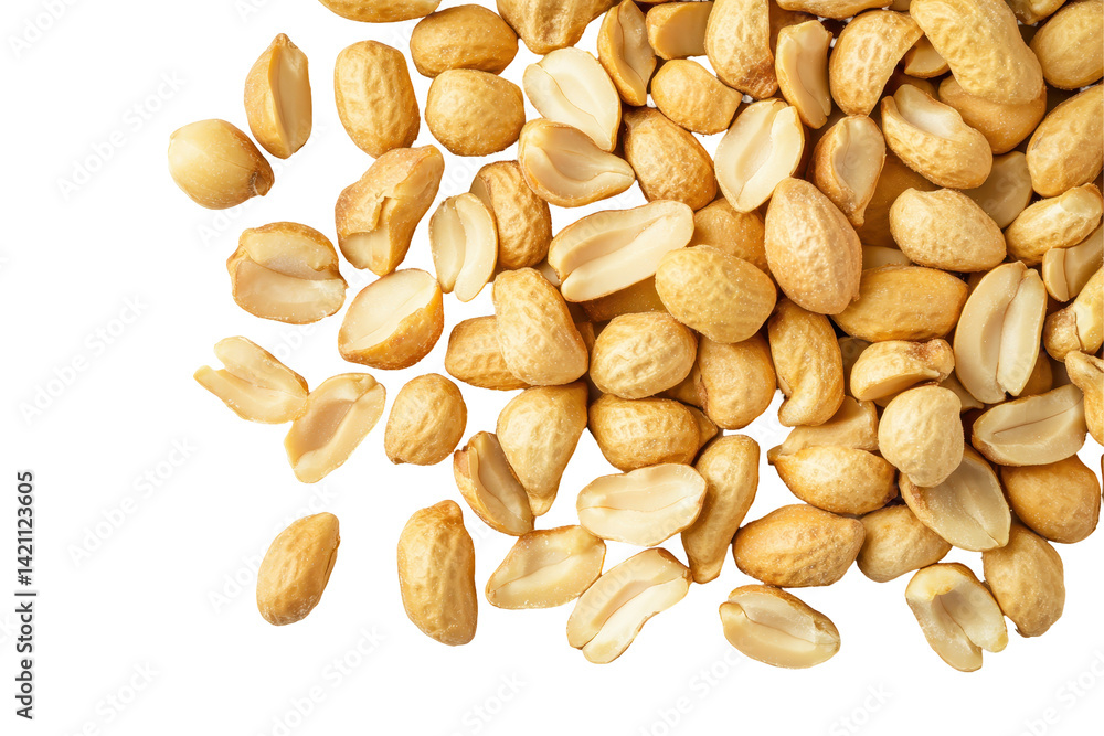 Freshly roasted peeled peanuts shown in flat lay view isolated on white background for food lovers Freshly roasted peeled peanuts shown in flat lay view isolated on white background for food lovers