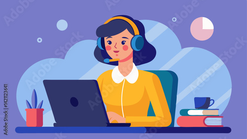 Female customer service representative wearing headset and microphone assisting clients with professional support in a corporate hotline or help desk setting