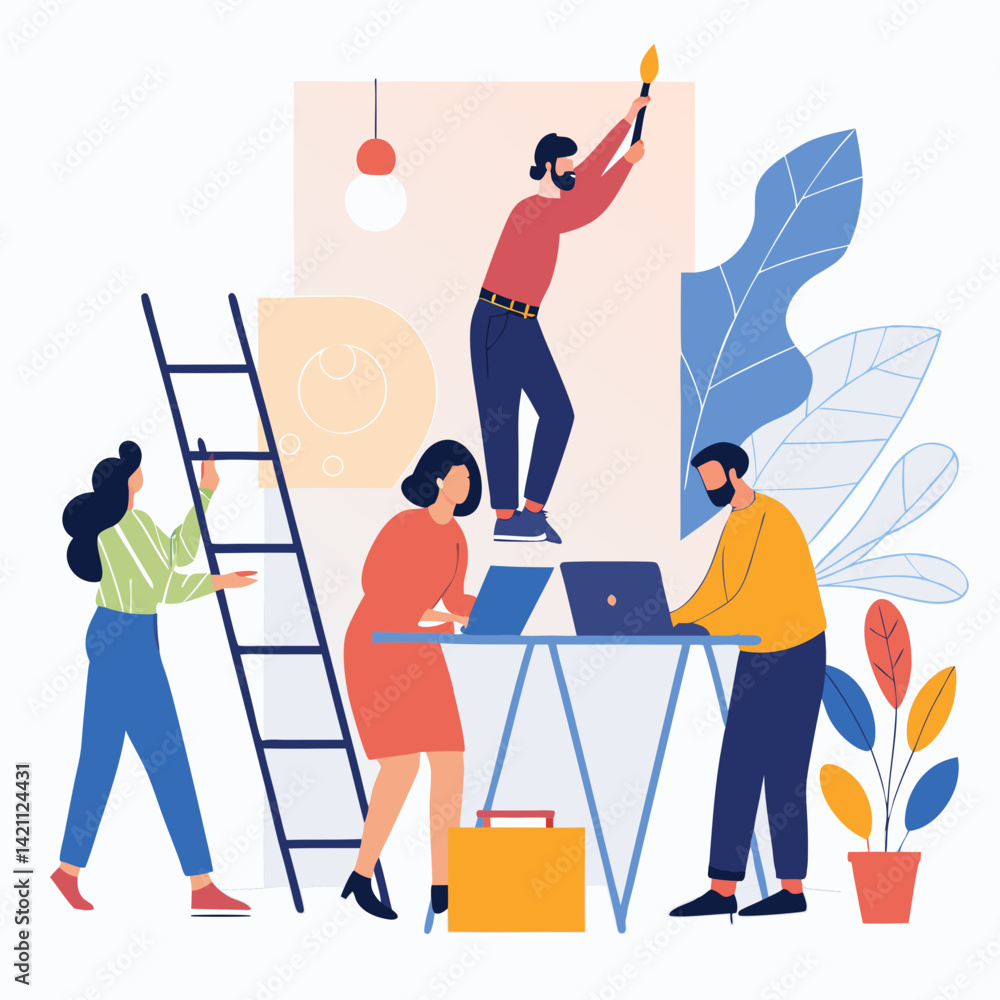 Fototapeta premium Design a bold vector illustration of a creative agency team collaborating, emphasizing strong lines and vibrant colors.