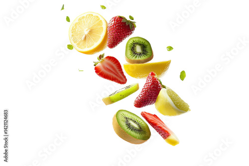 Fototapeta Naklejka Na Ścianę i Meble -  Floating assortment of sliced mixed fruits displayed beautifully on a clean white background for freshness