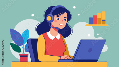 Experienced woman in a call center environment providing customer service through a headset and microphone as a hotline agent with strong communication skills