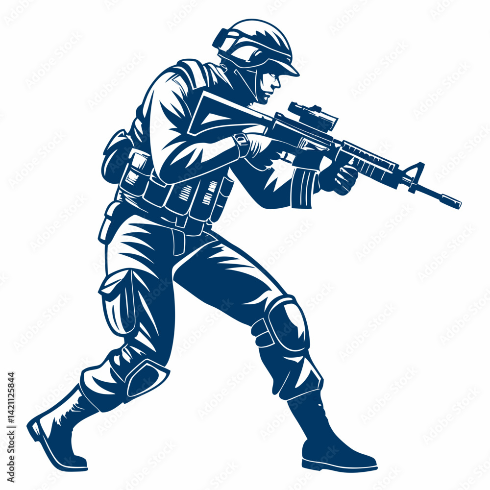 Obraz premium Create a bold, vector illustration of a modern soldier, emphasizing strong lines and impactful design. Include realistic details.