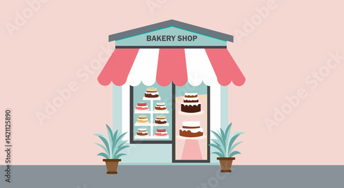 Cute Bakery Shop Vector Illustration with Pink Background – Pastry Store Front View