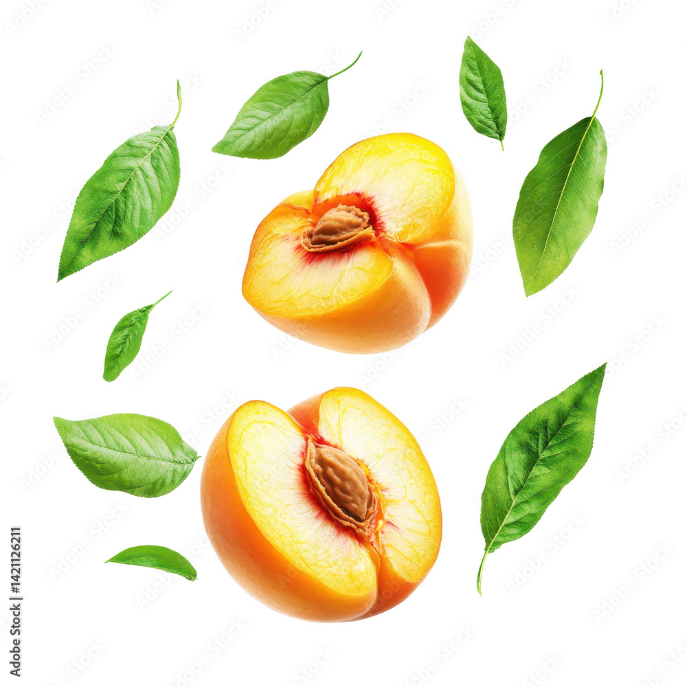 Flying peach fruit with juicy half slice and green leaf isolated on a bright white background Flying peach fruit with juicy half slice and green leaf isolated on a bright white background