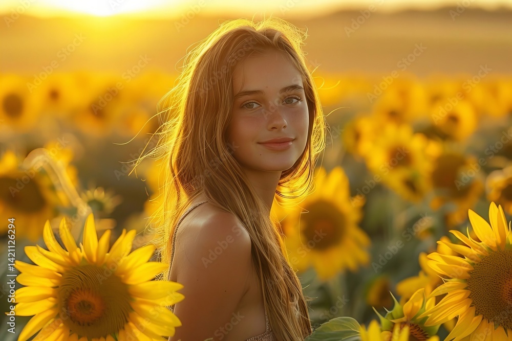 Sunset Portrait: Girl Standing Among Sunflowers in Bloom Sunset Portrait: Girl Standing Among Sunflowers in Bloom