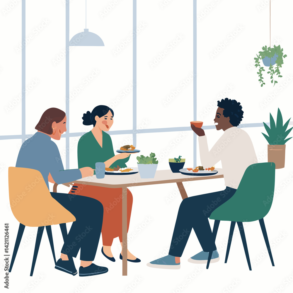 Create a bold vector illustration of diverse people enjoying a lunch break, emphasizing strong outlines and vibrant colors. Create a bold vector illustration of diverse people enjoying a lunch break, emphasizing strong outlines and vibrant colors.