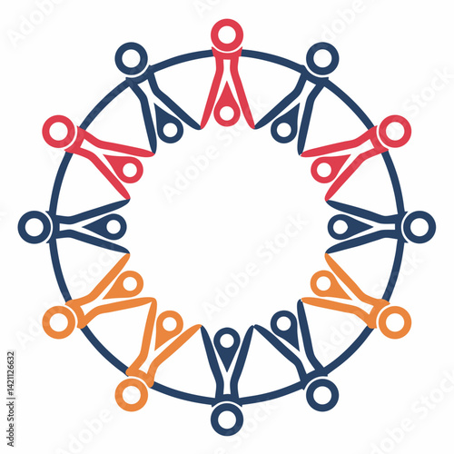 Create a bold, vector illustration of diverse people joining hands in a circle, emphasizing strong outlines and a unified feel.