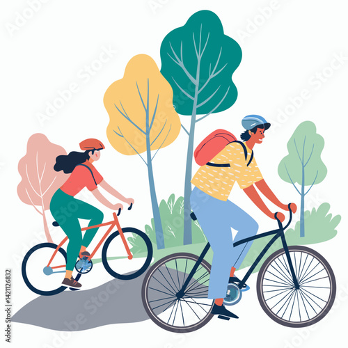 Create a bold vector illustration of diverse people confidently riding bicycles, emphasizing strong outlines and vibrant colors.