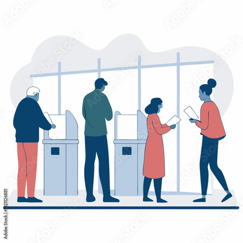 Create a bold, vector illustration of diverse people confidently casting their votes at a polling station.  Emphasize strong lines and a vibrant color palette.