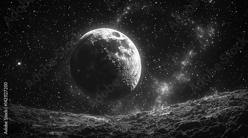 A black and white image of a moon in the night sky