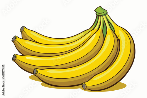 A detailed illustration of a bunch of ripe yellow bananas with a green stem, displayed on a white background, showcasing freshness and healthy eating.